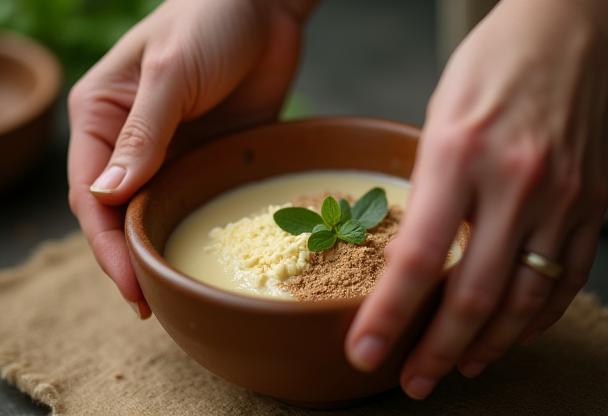 Hands carefully crafting a cosmetic product, blending natural ingredients in a bowl.