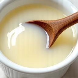 A bowl of virgin coconut oil with a spoon, showing its natural state.