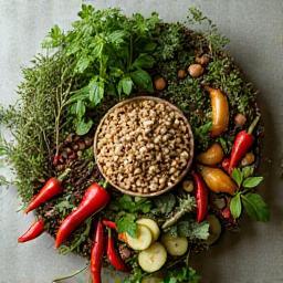 Selection of local Malaysian botanical ingredients like leaves and herbs.